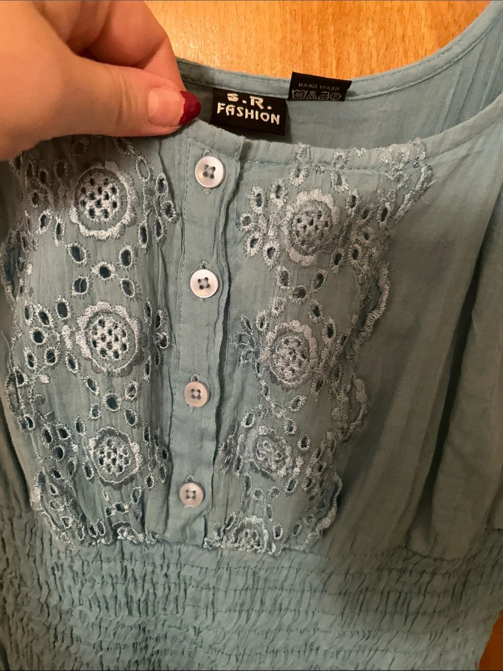 Blue Eyelet Maxi Dress with Lace Sleeves. 100% cotton. XL